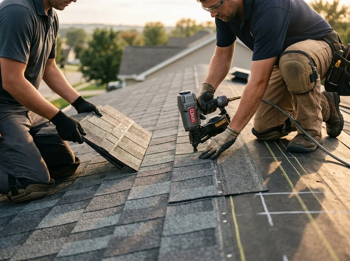 Professional roofer working on a residential roof in Lake Holiday